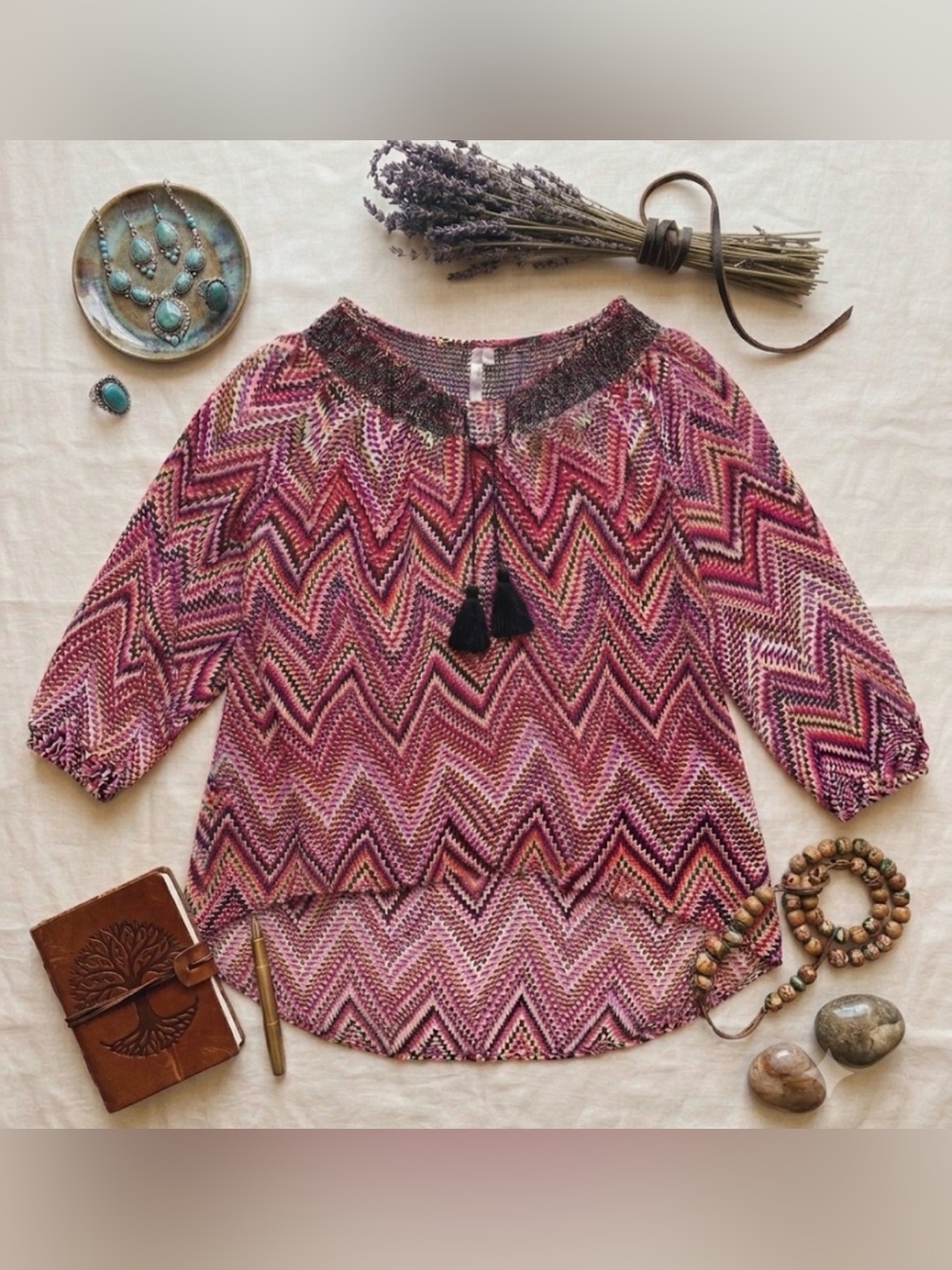 Adiktd Pink Chevron Knit Peasant Tunic with Tassel Tie